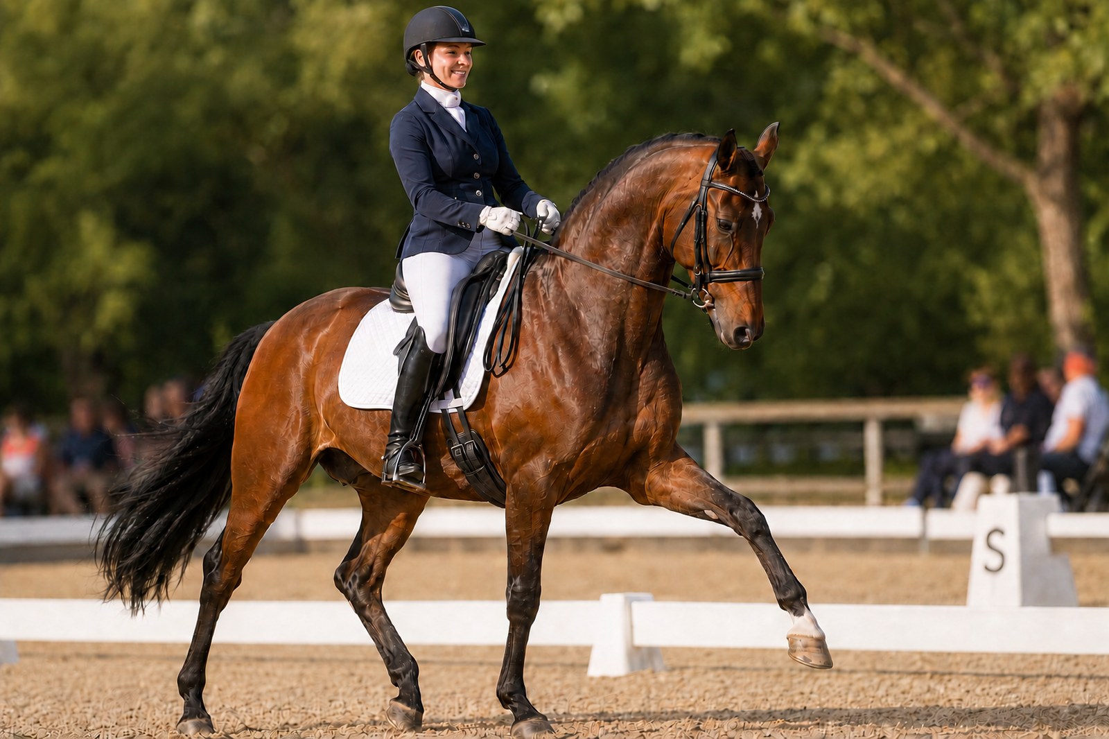 A rider showing an extended trot down the long side