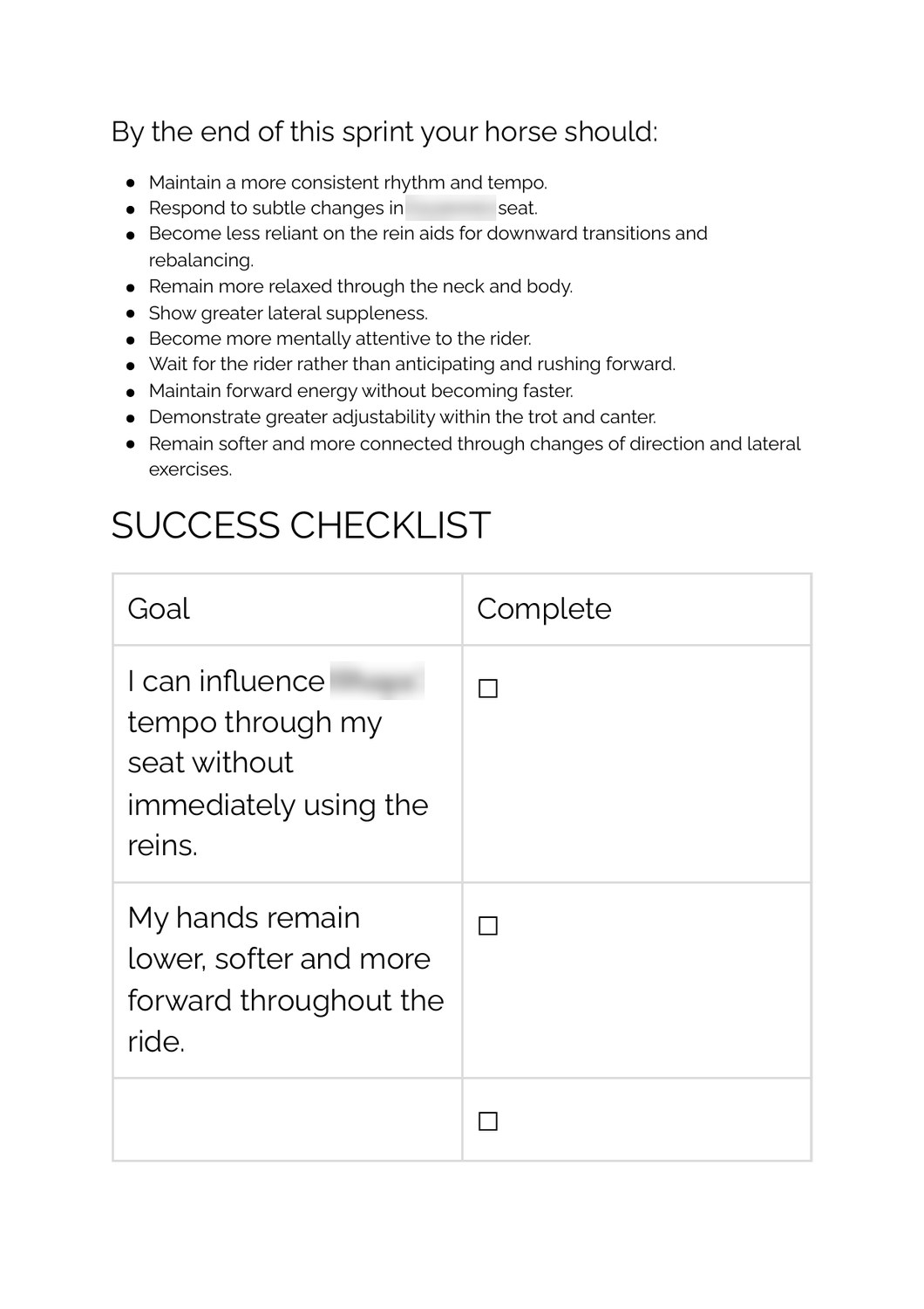 A real plan's Success Checklist with tick boxes