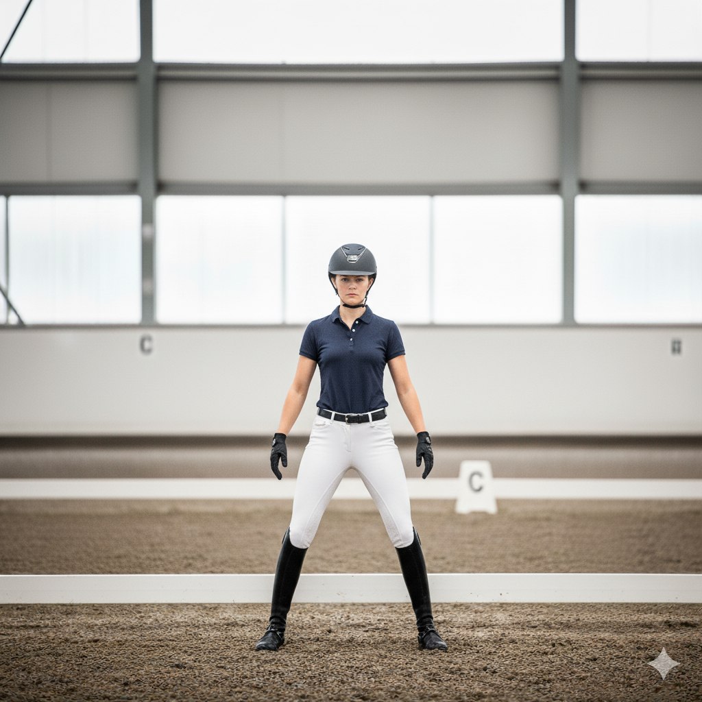 A rider standing balanced in the arena