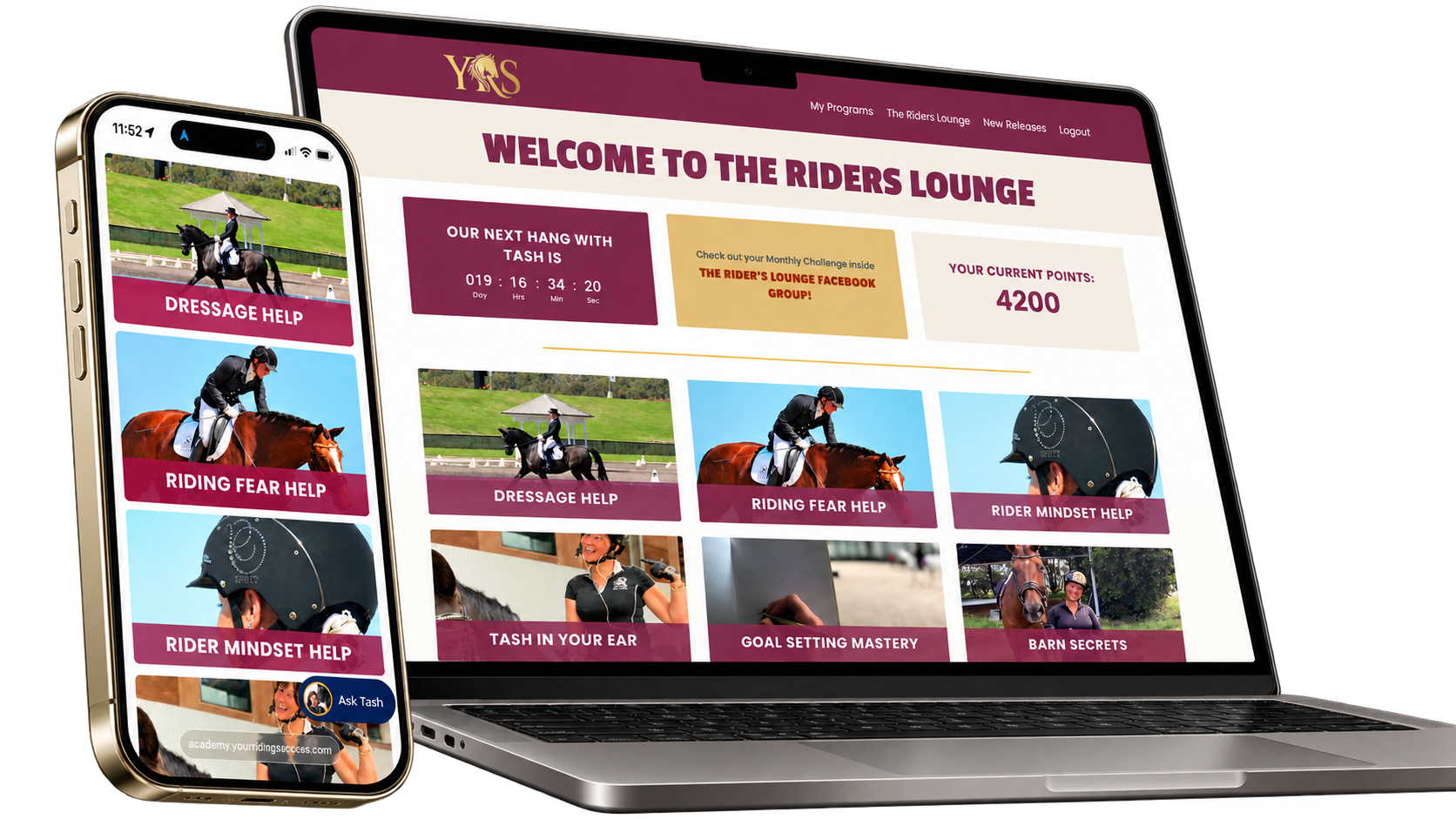 The Riders Lounge video library on a tablet and a laptop